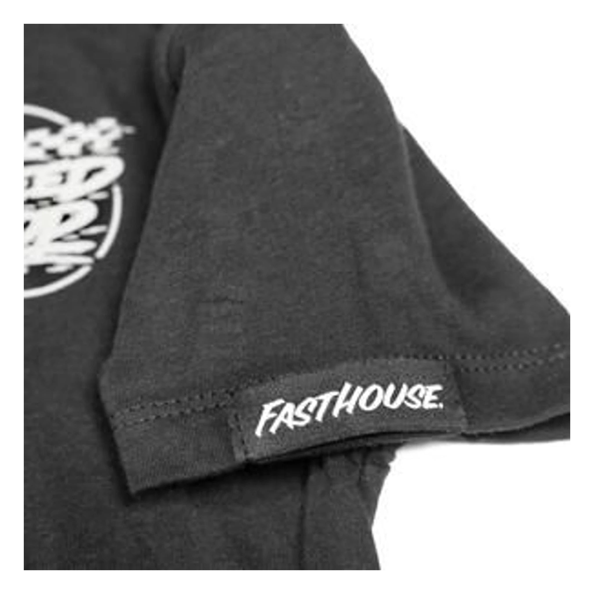 Close-up of Toddler Burner Tee Kids Black Kids Tee showing White text on black fabric along lower side seam - Slowride Supply