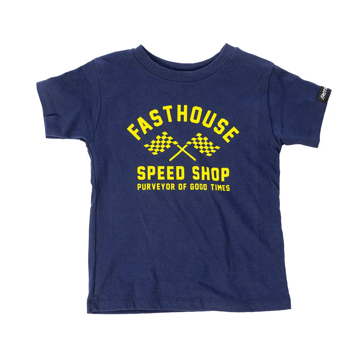 Toddler Crossroads Tee Navy Kids front view, Navy with yellow checkered flags and bold type reading "Fasthouse Speed Shop