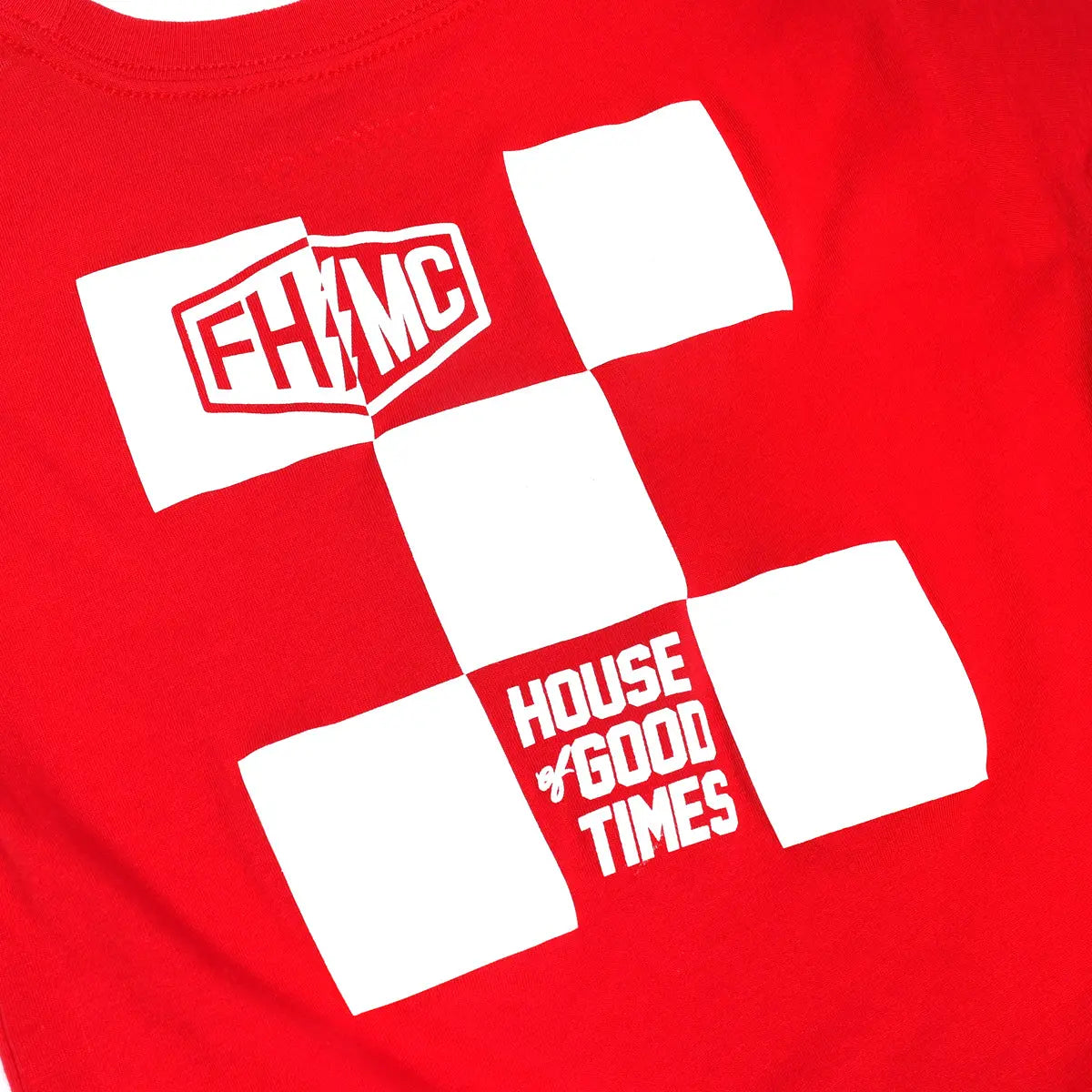 Close-up of Toddler Gibson Tee Kids Red Kids Tee showing Red with white checkered flag graphic, "FH4MC" text in outlined