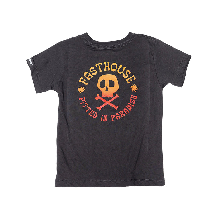 Toddler Lost Boys Tee Kids front view, Black with gold skull and crossbones, orange and red circular text reading