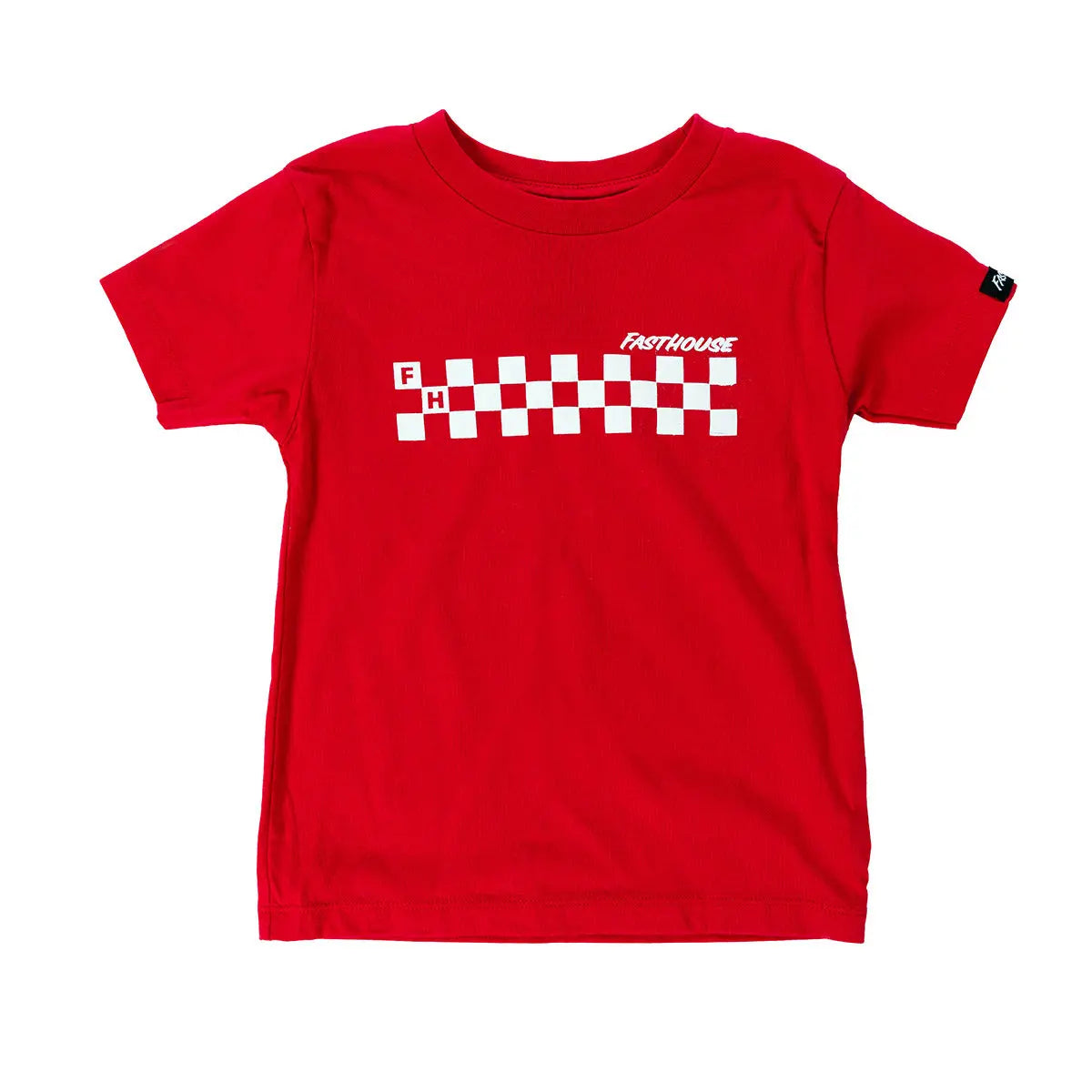 Toddler Riff Tee Kids front view, Red with white checkerboard graphic and Fasthouse text across chest, Red Kids Tee -