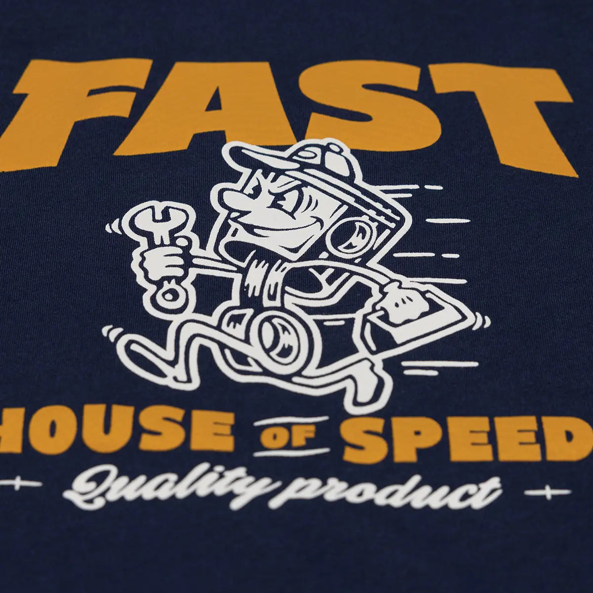 Back of Toddler Runner Navy Tee, Navy with gold "FAST" text, white cartoon mechanic character holding wrench, "HOUSE OF