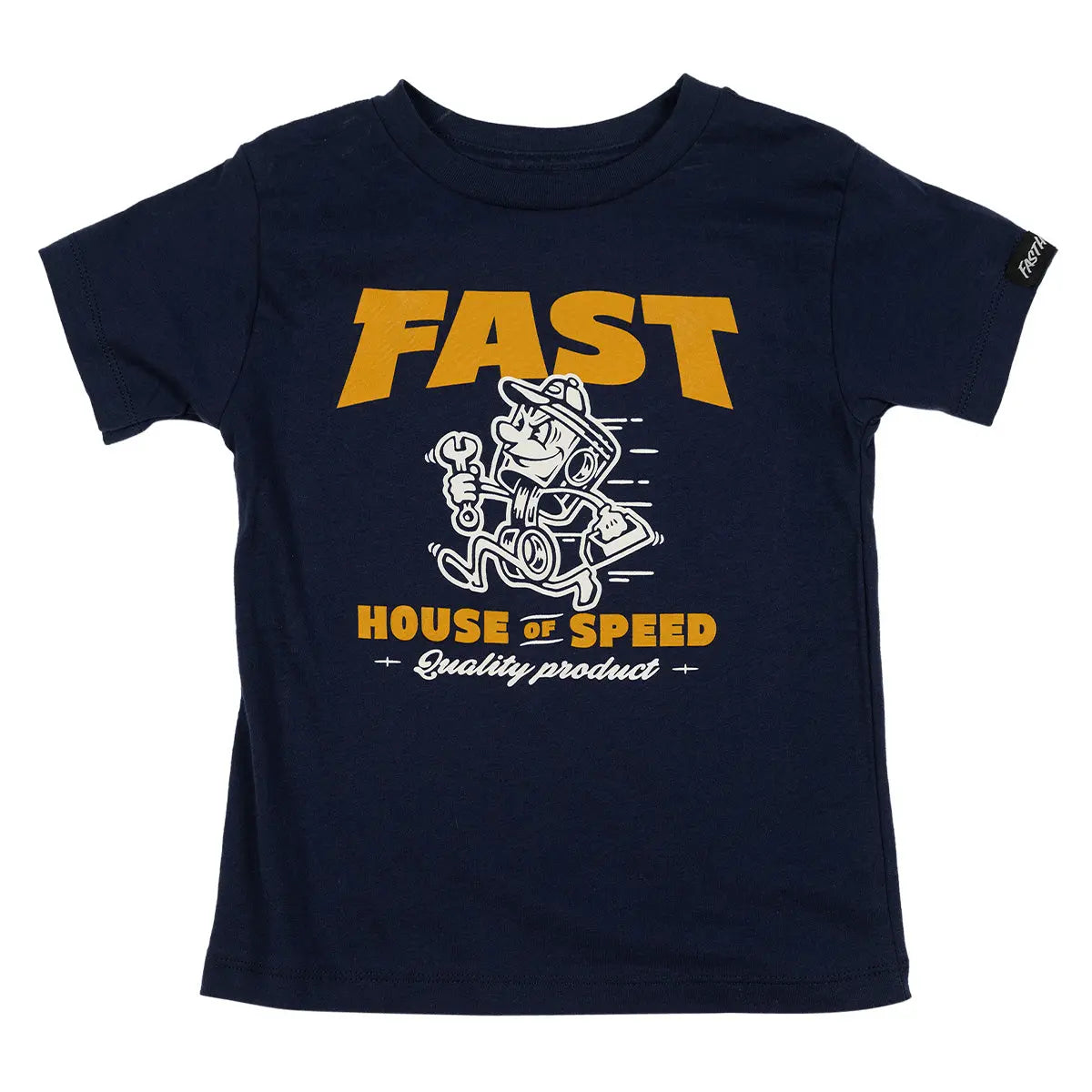 Toddler Runner front view, Navy with gold "FAST" text, white cartoon engine character holding wrench, and gold "HOUSE OF