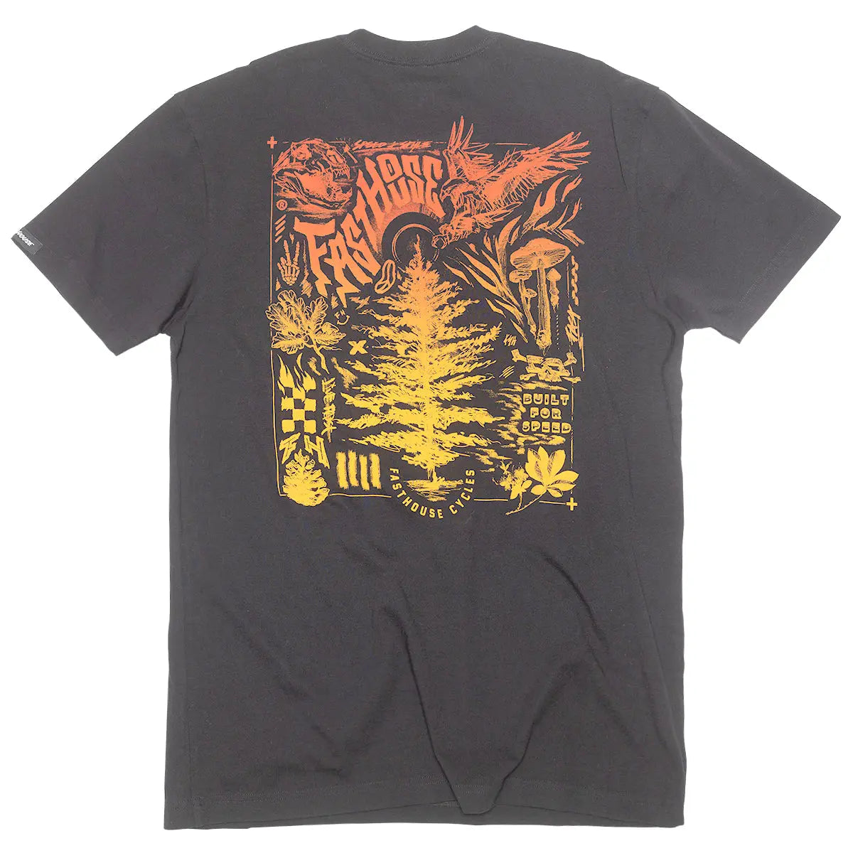 Tomahawk front view, Charcoal with orange-to-yellow gradient graphic featuring stylized bird, engine block, and racing