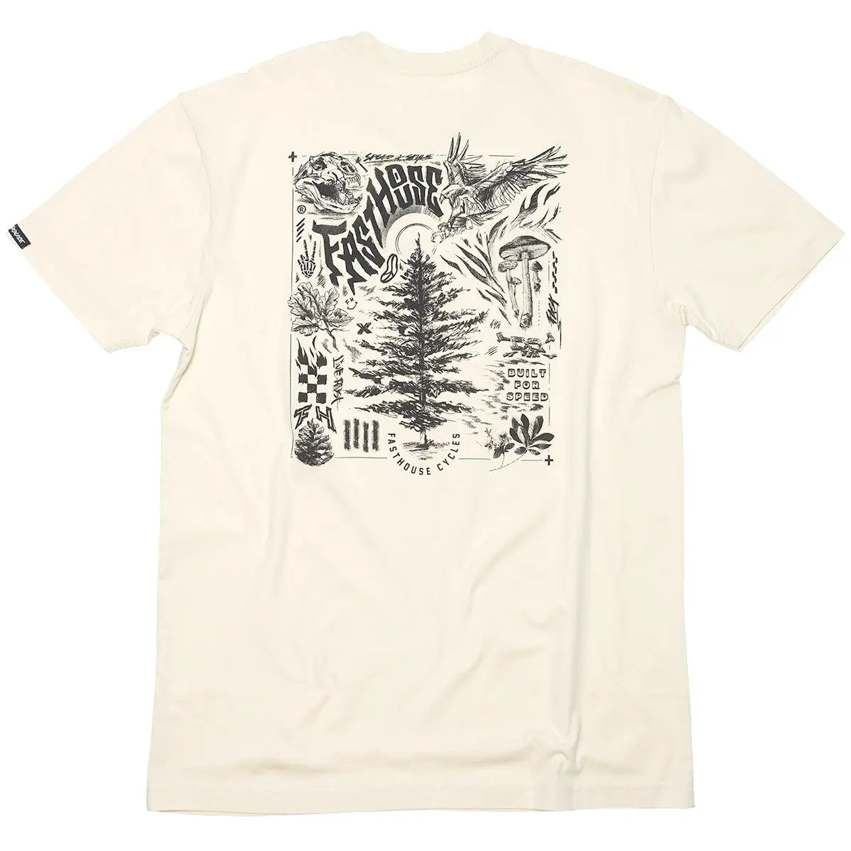Back of Tomahawk Natural Tee, Black ink graphic with evergreen tree, birds, mushrooms, and text reading "Built for Speed"