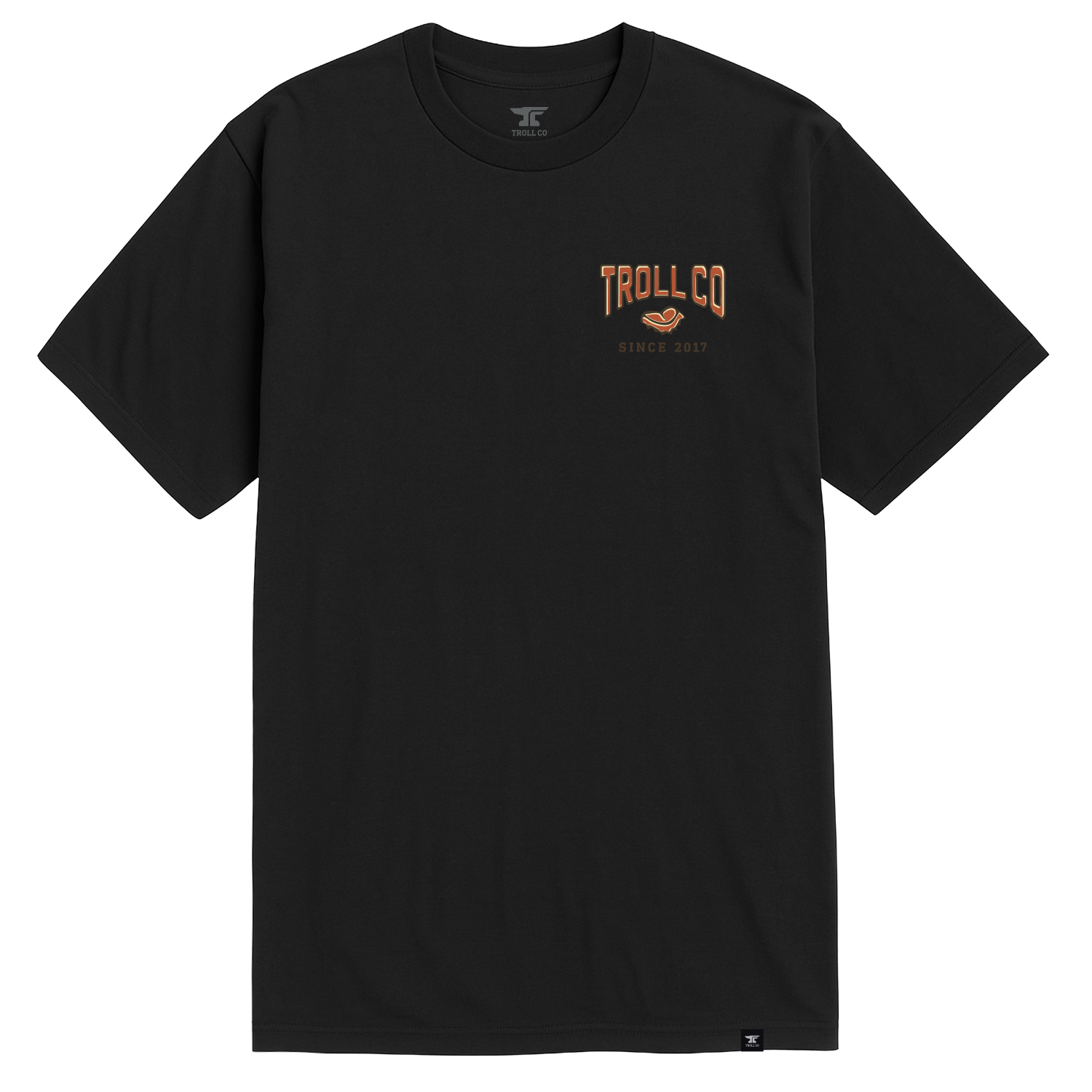 Close-up of Tools Down Black Tee showing Black tee with small orange and tan chest graphic featuring text and icon design -