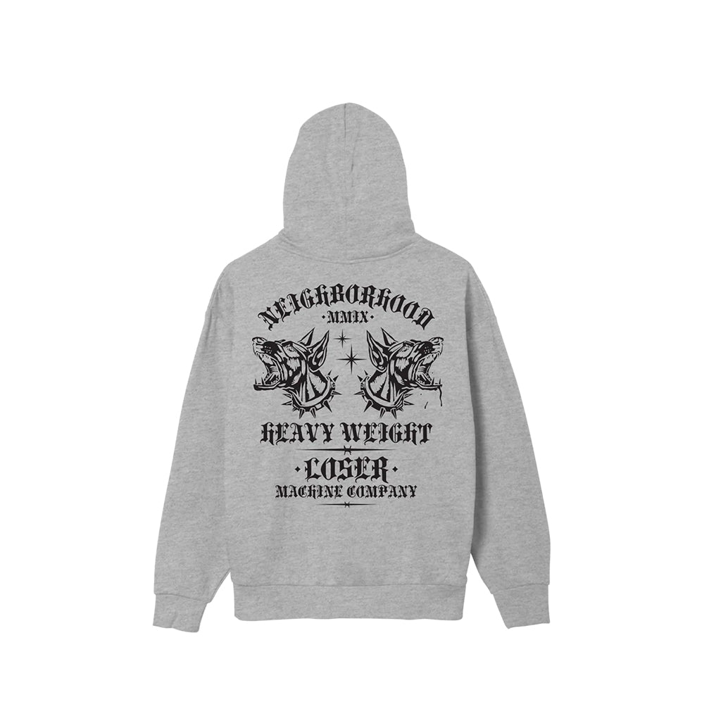 Trash Pound front view, Heather grey with black back-print graphic featuring two snarling dog heads, stars, and text reading