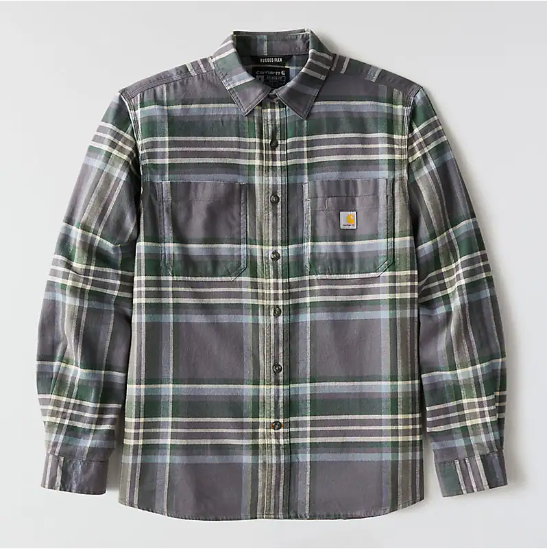 Tw5945 Relaxed Fit Midweight L/s Flannel Gravel L/S Woven front view, Charcoal and green plaid flannel with cream stripes