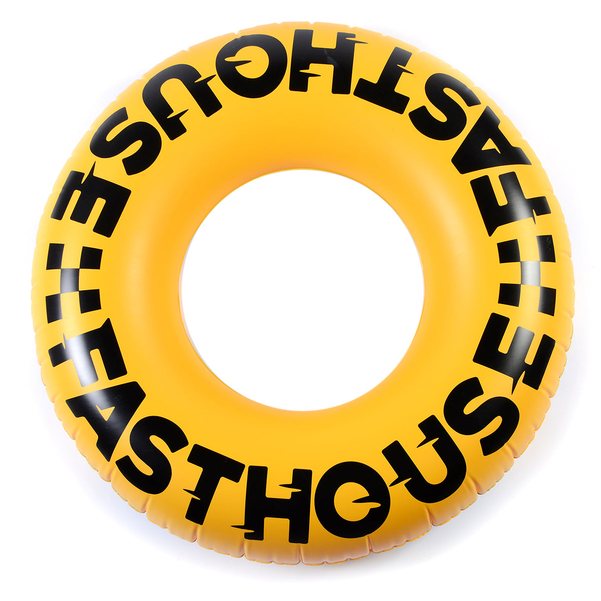 Back of Twister Pool Floatie Accessory Yellow/black Accessory, Bright yellow inflatable ring with black text reading "Ether