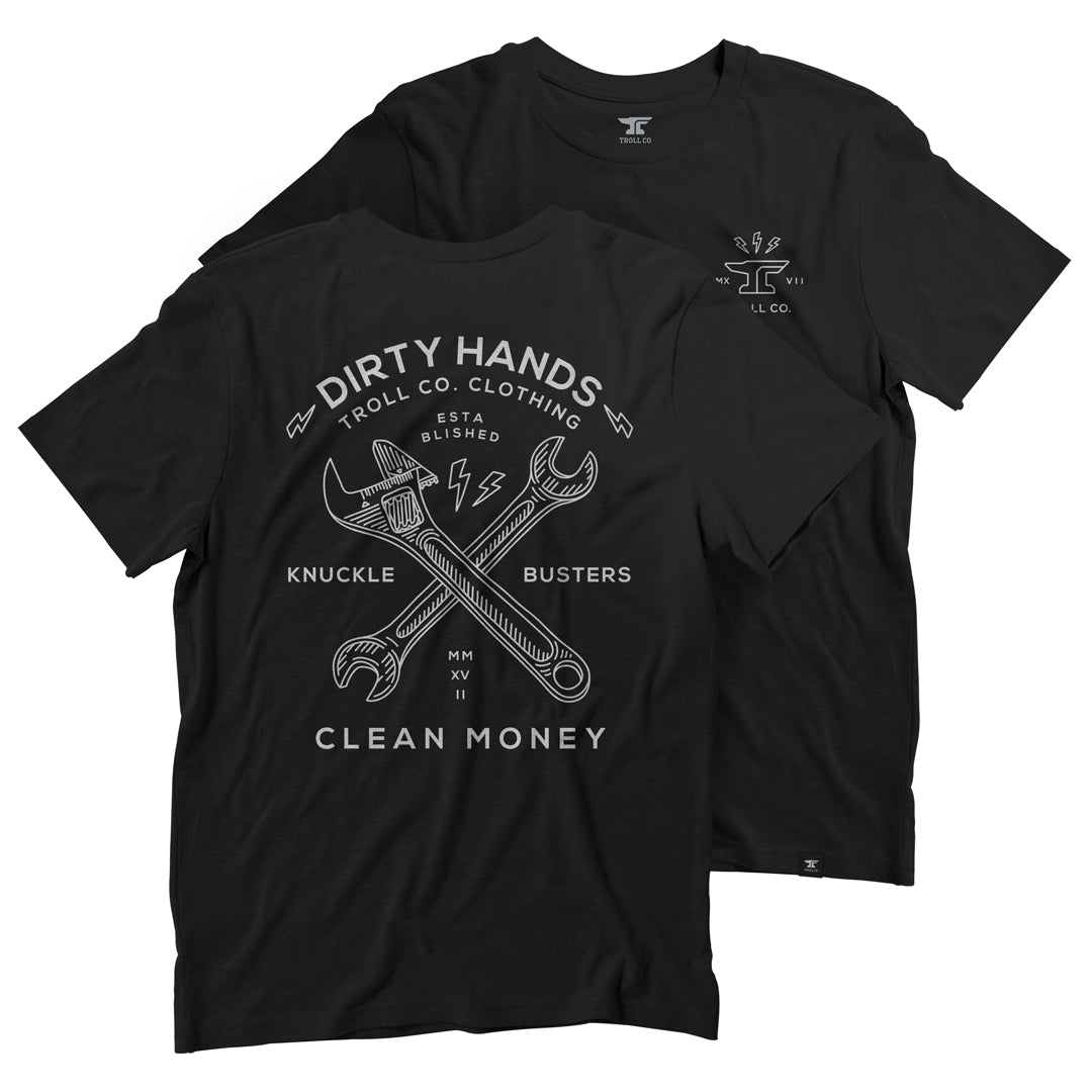 Twisting Wrenches front view, Black with gray line-art wrenches and "Dirty Hands" text graphic, Black Tee - Slowride Supply