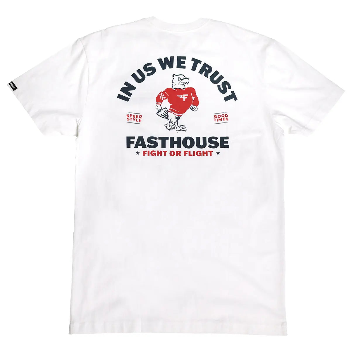 Close-up of Unite Black Tee showing White tee with navy and red back graphic featuring eagle mascot in red jersey, "In Us We