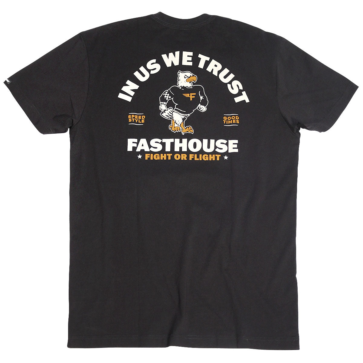 Close-up of Unite Black tee with white and gold eagle graphic, curved "In Us We Trust" text, "Speed Style" and "Good Times"