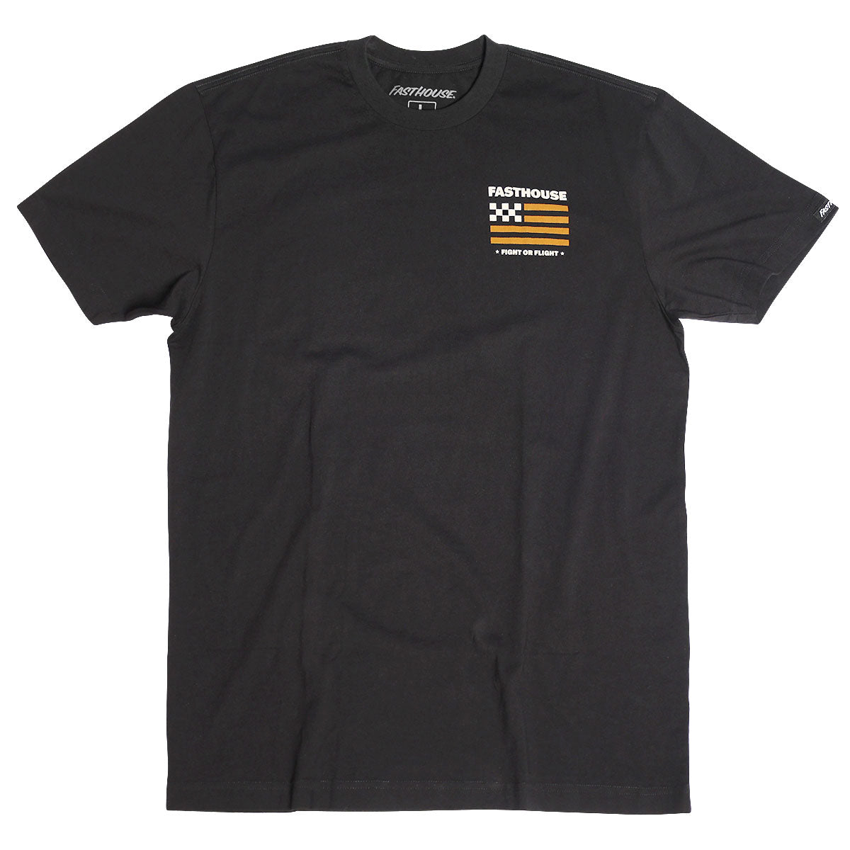 Close-up of Unite Black tee with checkered flag and yellow stripe graphic, white text reading "Fight or Flight" on chest