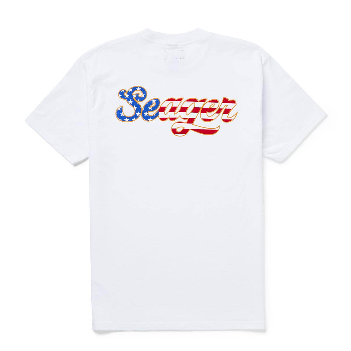 Back of USA Russ Vintage Black Tee, White tee with gold-outlined script text filled with blue stars and red stripes -