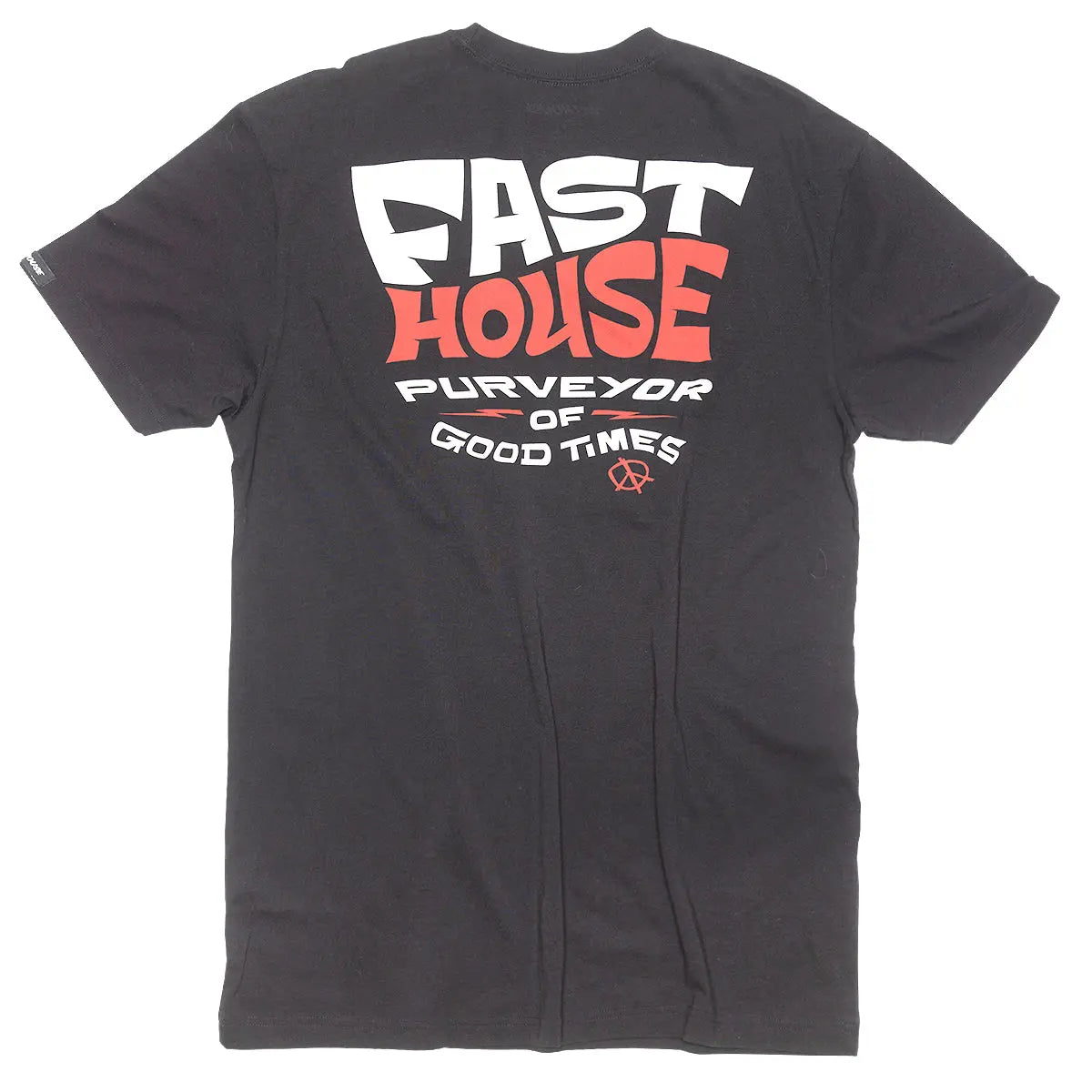 Utopia front view, Black with white and red "Fast House" text and "Purveyor of Good Times" tagline below, Black Tee -