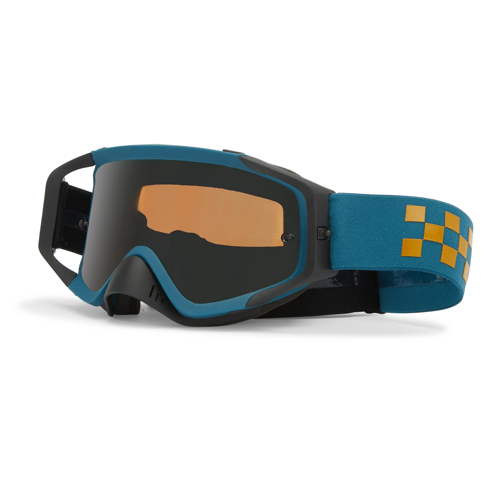 VZ Porkchop Acadia Goggles Accessory front view, Slate frame with teal trim, amber lens, and gold checkerboard pattern on