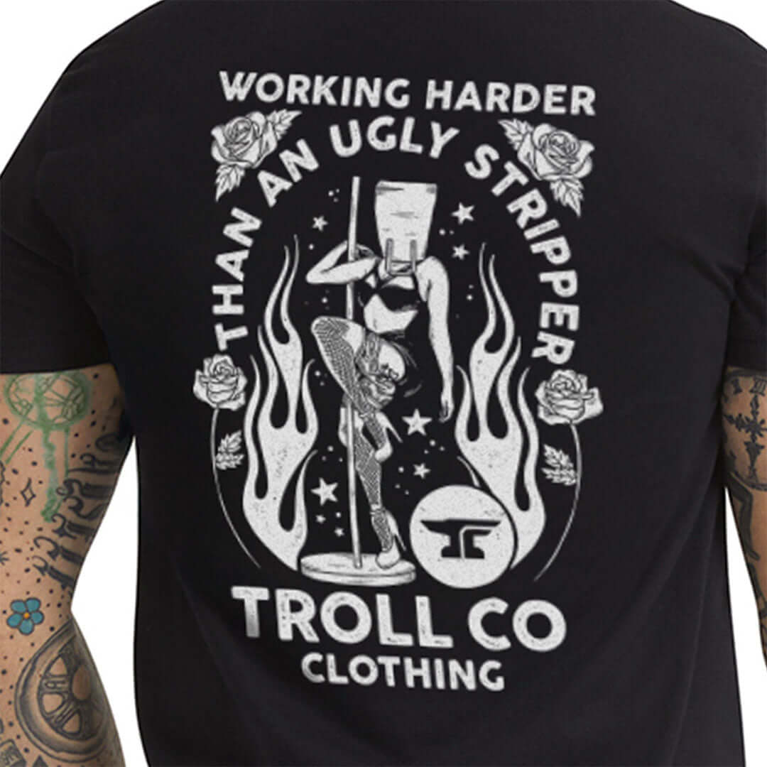 Person wearing WHUS Butterface 4.0 Black Tee, Wearer with tattooed arms stands against white background - Slowride Supply