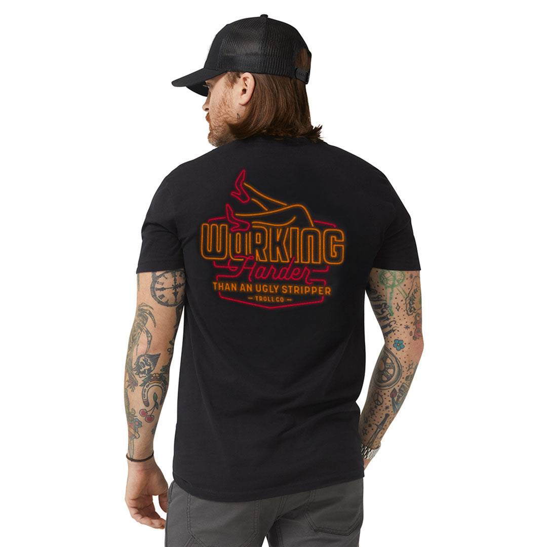 Back of WHUS Neon Black Tee, Black with orange and red neon bull graphic and script text reading "Working Harder Than An