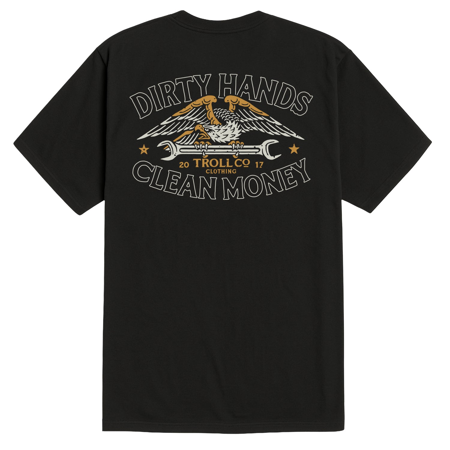 Wing Spanner front view, Black with white and gold eagle-and-wrench graphic, "Dirty Hands Clean Money" text and orange