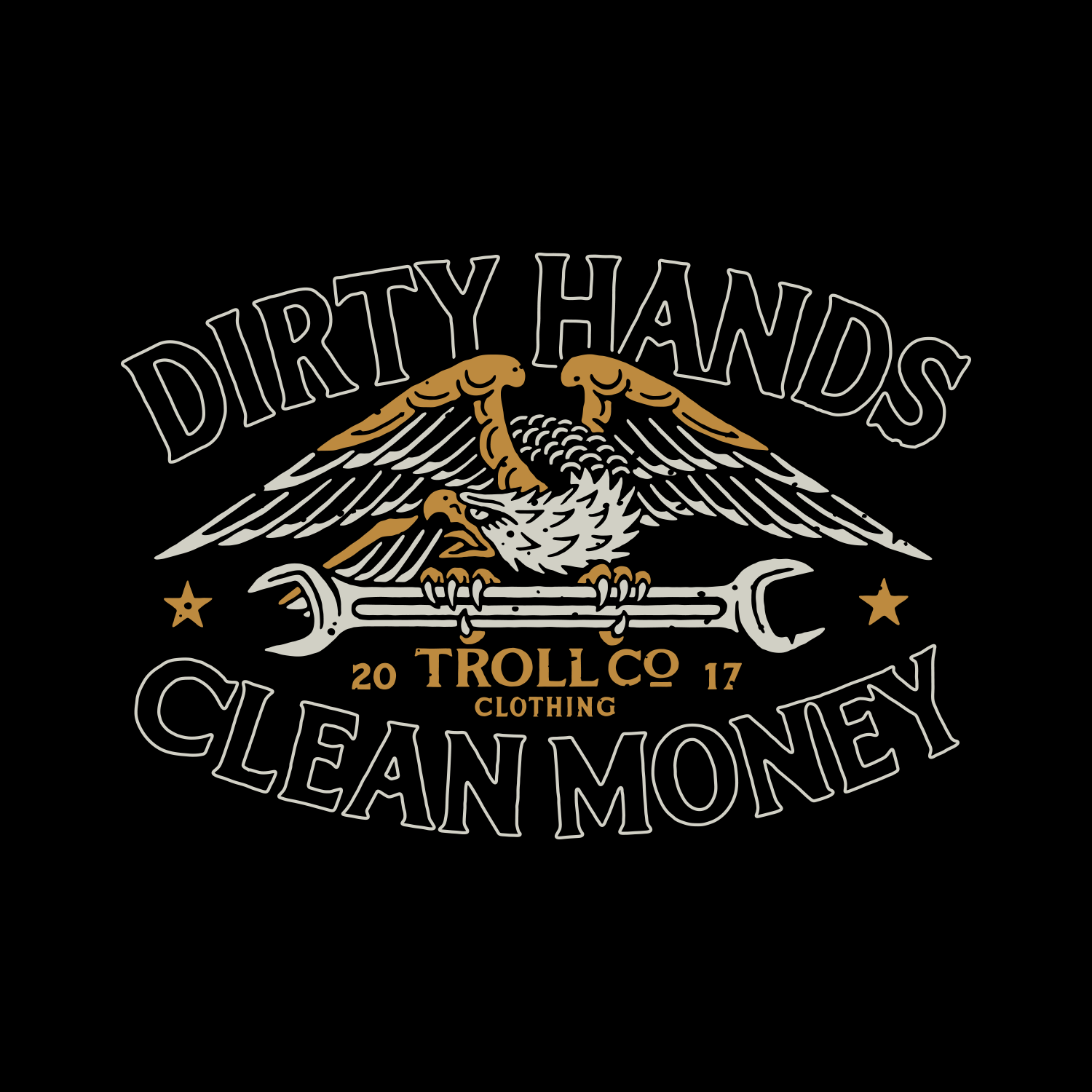 Close-up of Wing Spanner Black Tee showing Black with cream and gold eagle holding wrench, "Dirty Hands Clean Money" text