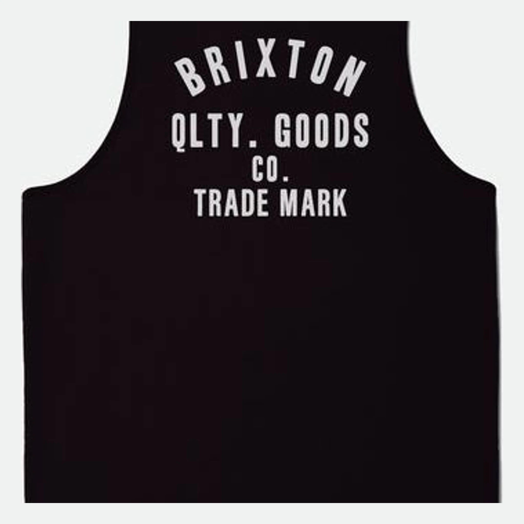 Back of Woodburn Tank Top Washed Black/white Tank Top, Black with white stacked text reading "Brixton Qlty. Goods Co. Trade