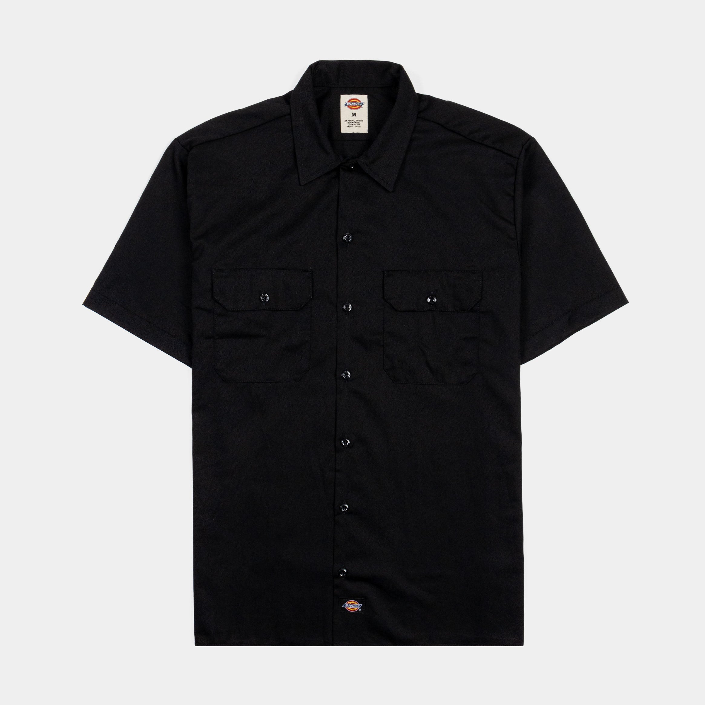 Woven Twill Shirt S/S Woven front view, Black short-sleeve work shirt with dual chest pockets and metal snap closures, Black