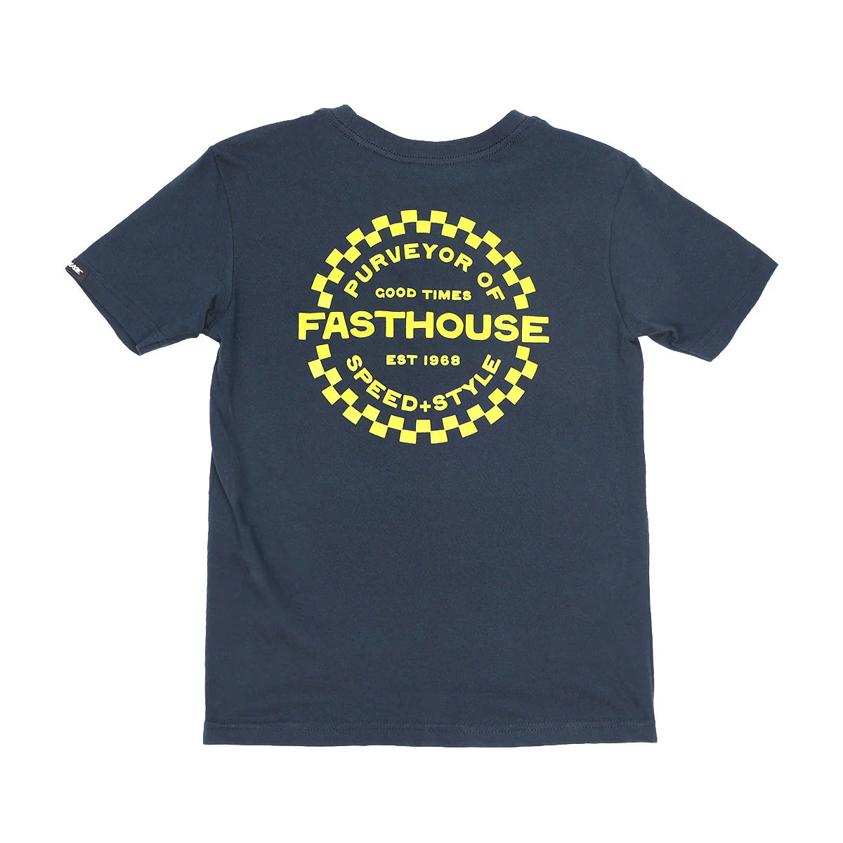 Youth Anchor Tee Midnight Navy Kids front view, Midnight navy with yellow checkered circular graphic reading "Purveyor of