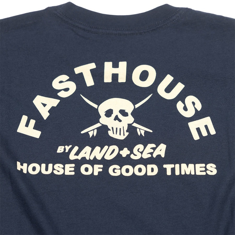 Back of Youth Break Tee Navy Kids Navy Kids Tee, Navy with cream skull and crossbones, "Fasthouse" and "by Land + Sea House