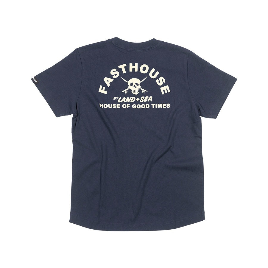 Youth Break Tee Navy Kids front view, Navy with cream skull and crossbones graphic, "Fasthouse" curved text above, smaller