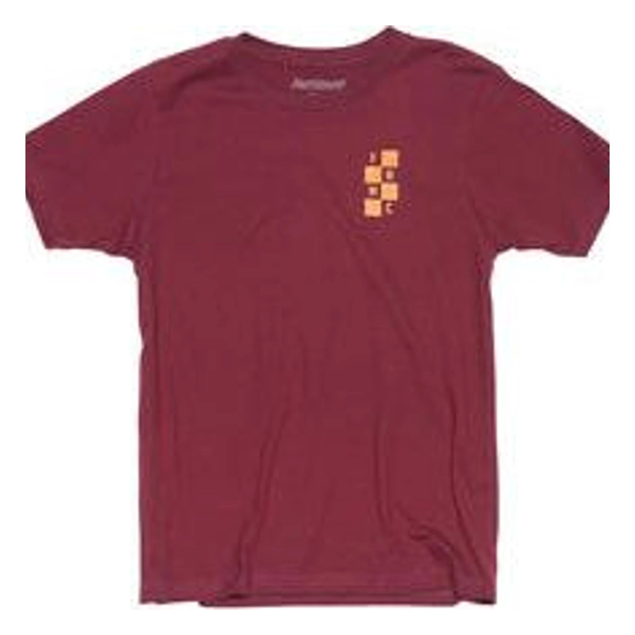 Back of Youth Chatlet Tee Kids Maroon Kids Tee, Maroon with small gold checkered graphic on upper back - Slowride Supply