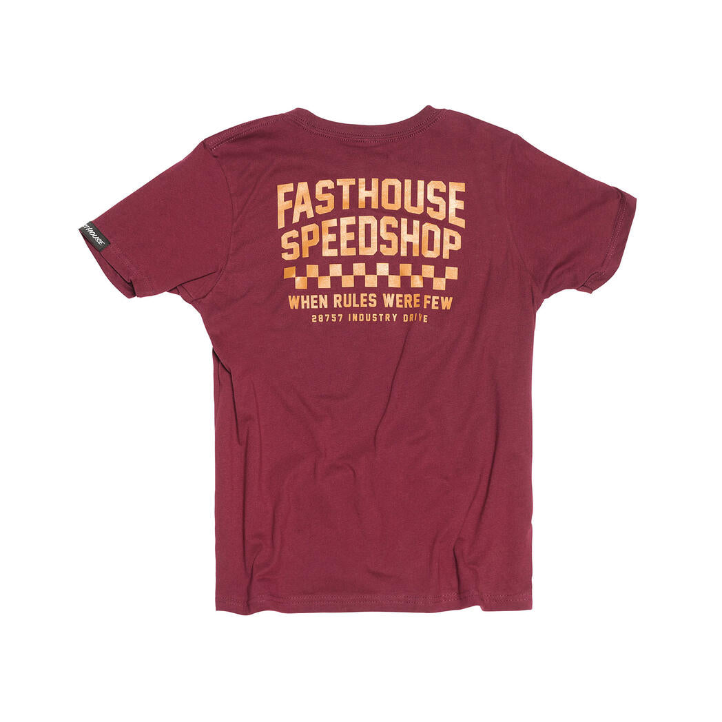 Youth Chatlet Tee Kids front view, Maroon with gold "Fasthouse Speedshop" text, checkered graphic, and address tagline