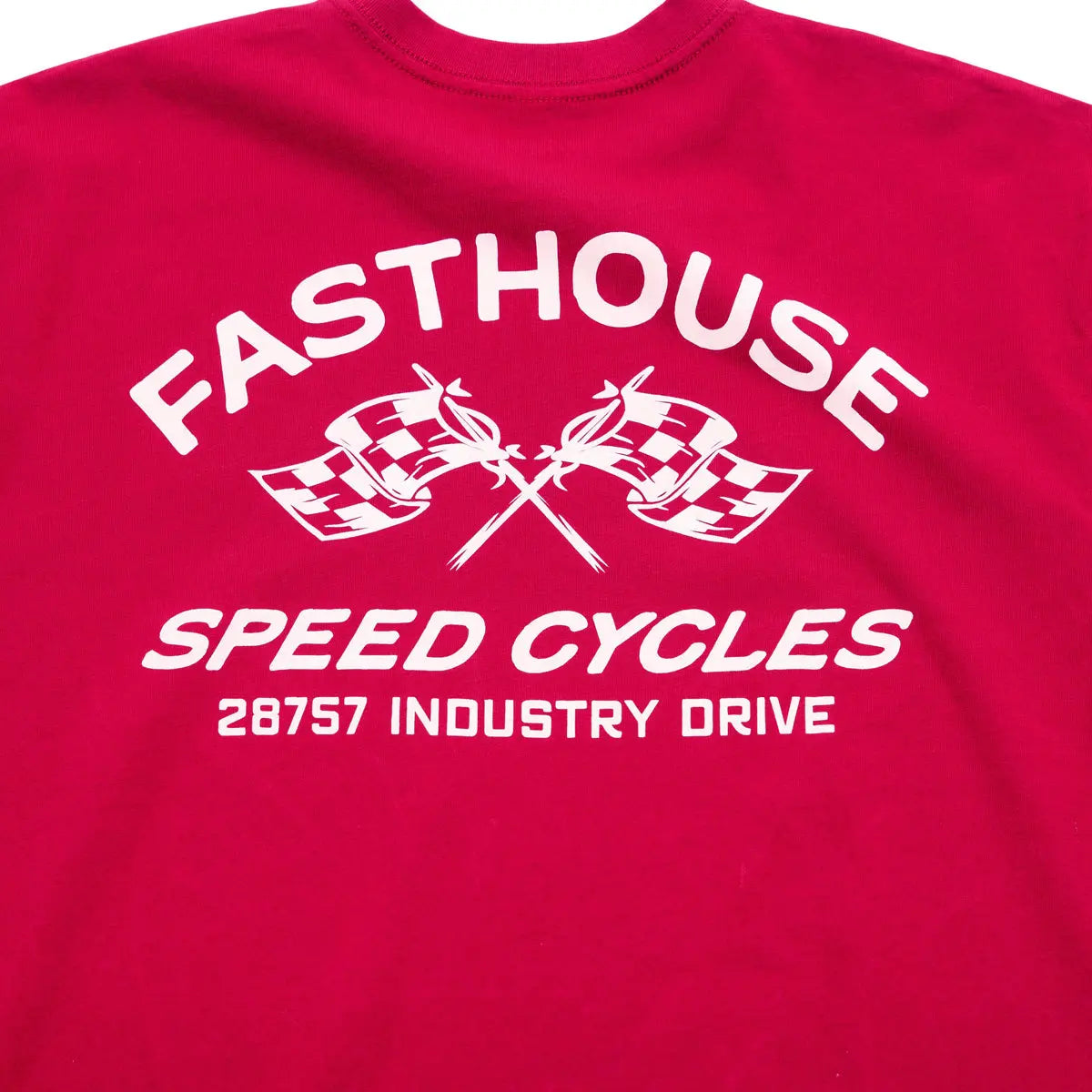 Close-up of Youth Crossroads Tee Cardinal Kids Kids Tee showing White screen-printed text and crossed checkered flags