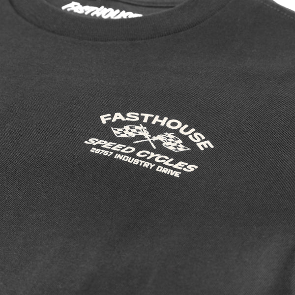 Close-up of Youth Crown Tee Kids Black Kids Tee showing White embroidered chest graphic with crossed checkered flags and