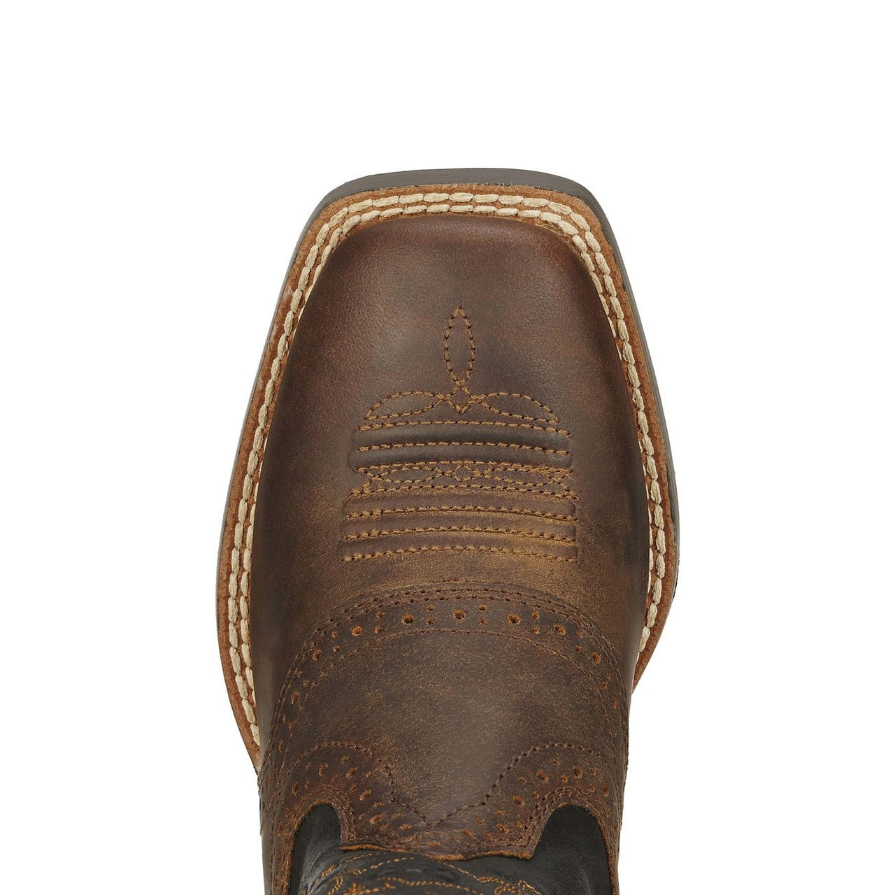 Close-up of Youth Heritage Roughstock Square Toe Boots Distressed Brown/black Boots showing Distressed brown leather toe