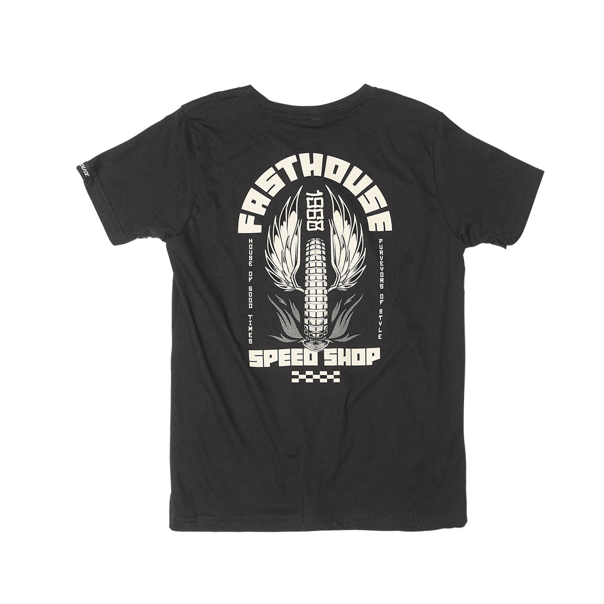 Youth Iron Steed Tee Kids front view, Black with cream arched text, winged engine block graphic, and checkered flag detail,