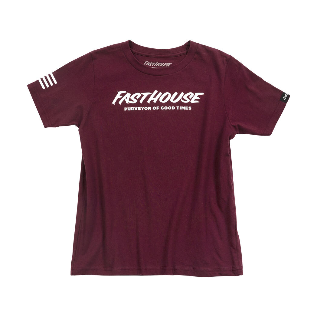 Youth Logo Tee Maroon Kids front view, Maroon with white italic logo and tagline text, white stripe sleeve graphic on left