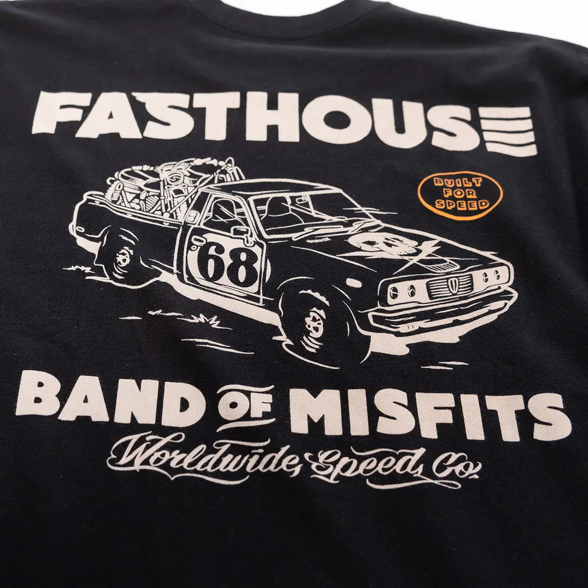 Back of Youth Pursuit Tee Kids Graphite Black Kids Tee, Black with cream racing car graphic numbered 68, orange "built for