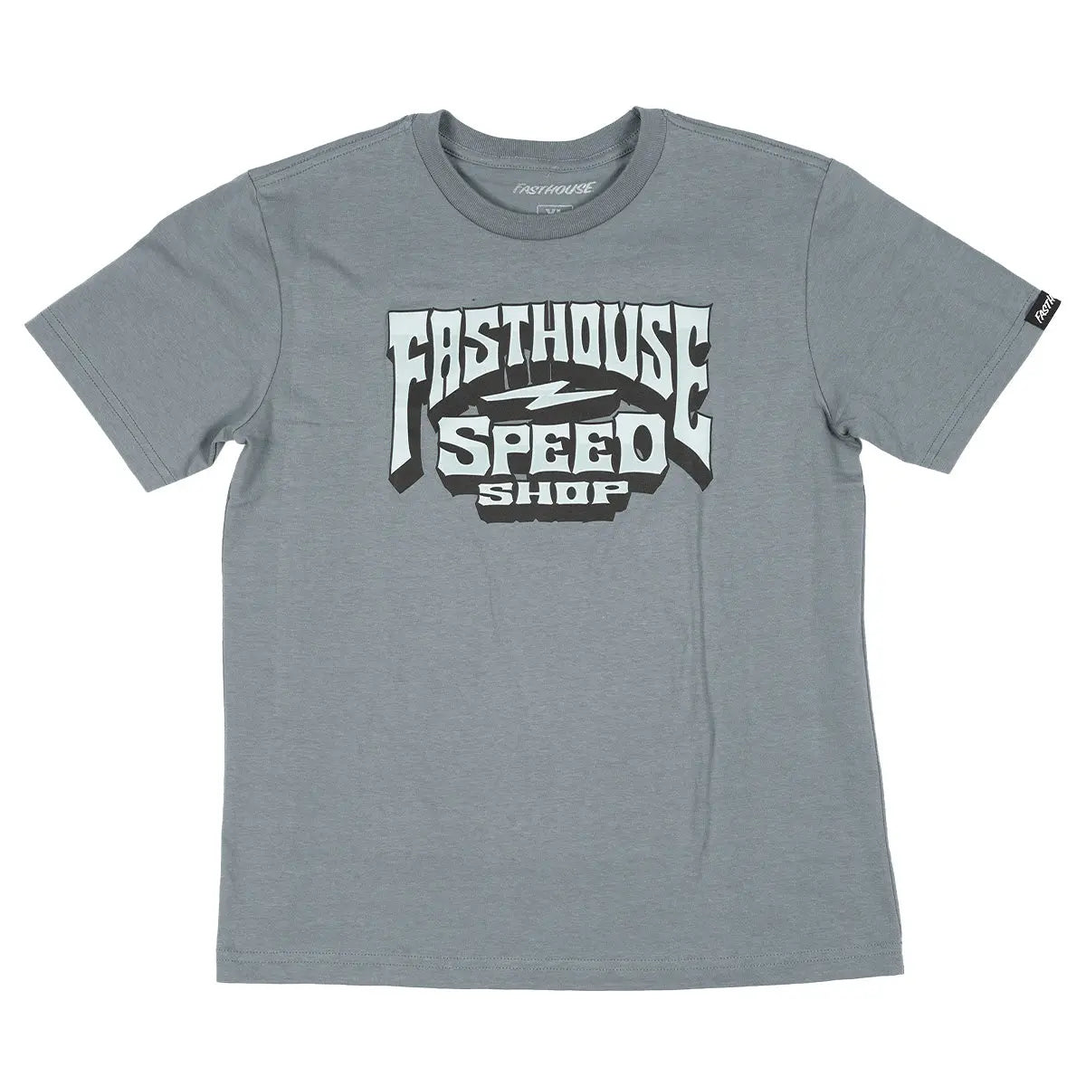 Youth Record front view, Slate gray with black and white speed shop graphic featuring lightning bolt and shield motif,