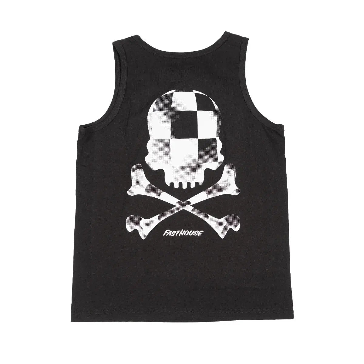 Youth Render Tank Apparel front view, Black tank with white checkered skull and crossbones graphic, text below, Black
