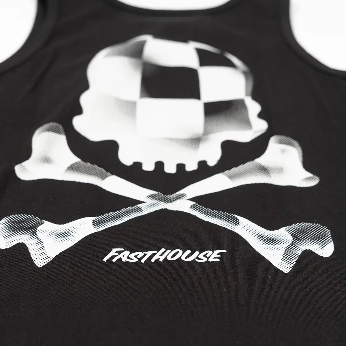 Close-up of Youth Render Tank Apparel Black Apparel showing Checkered skull with crossbones and halftone print texture