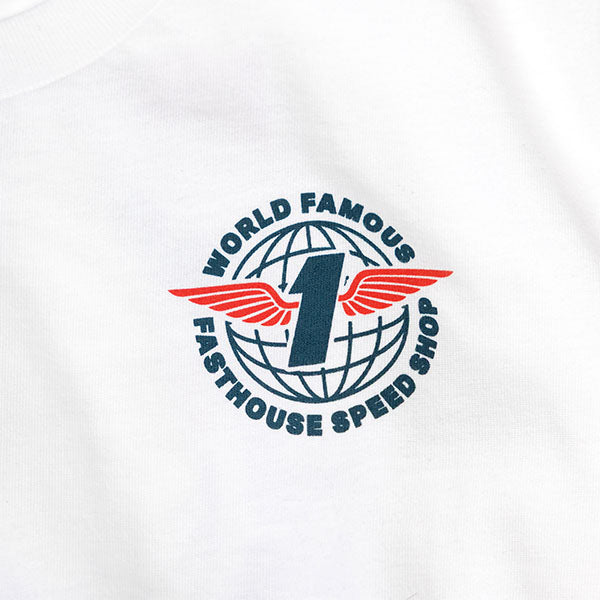 Close-up of Youth Renown Tee Kids White Kids Tee showing Embroidered winged number one with globe and speed shop text detail