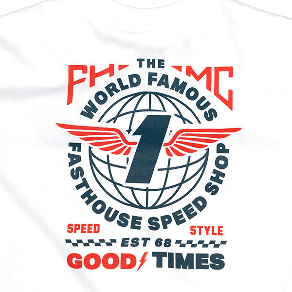 Close-up of Youth Renown Tee Kids White Kids Tee showing Red and navy winged globe graphic with "The World Famous Fasthouse