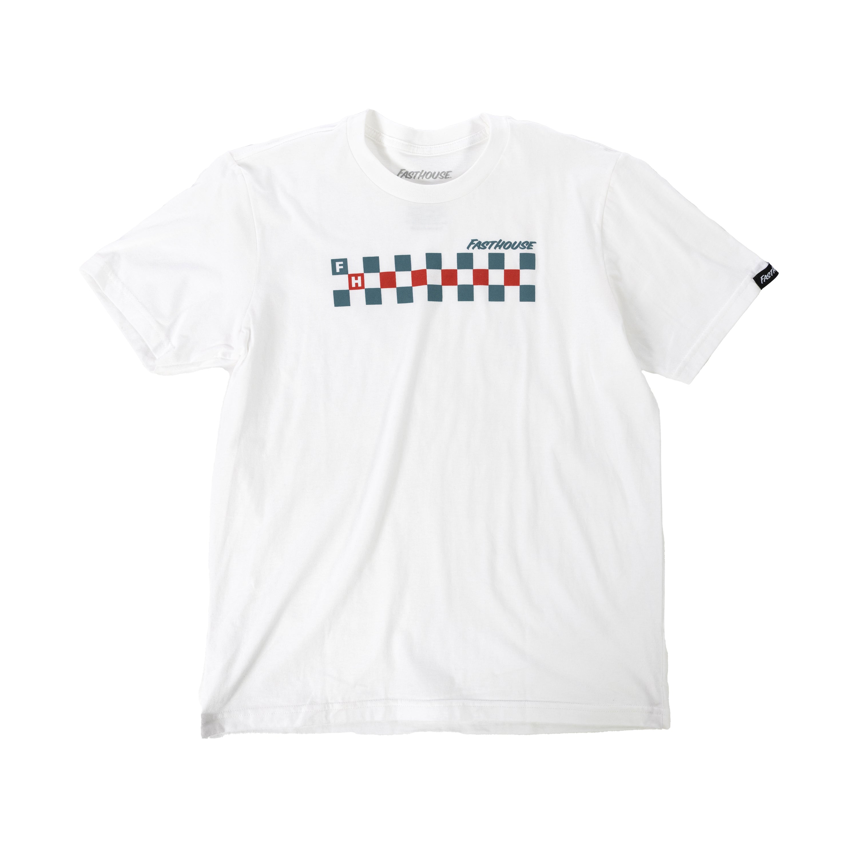 Youth Riff Tee Kids front view, White with slate and red checkerboard graphic and text wordmark across chest, White Kids Tee