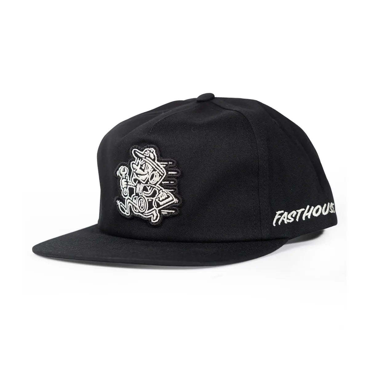 Youth Runner Hat Apparel front view, Black with white embroidered cartoon racer figure and FASTHOUSE text on side, Black
