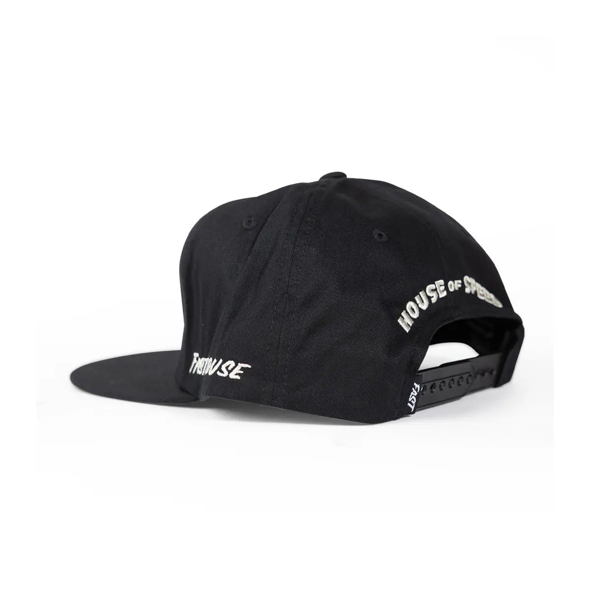 Close-up of Youth Runner Hat Apparel Black Apparel showing Snapback closure with embroidered text detailing on crown and