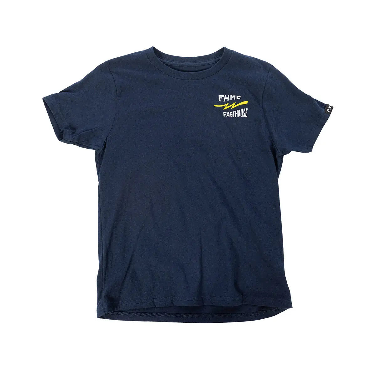 Close-up of Youth Team Tee Navy Kids Navy Kids Tee showing Navy cotton tee with white and yellow chest graphic and small
