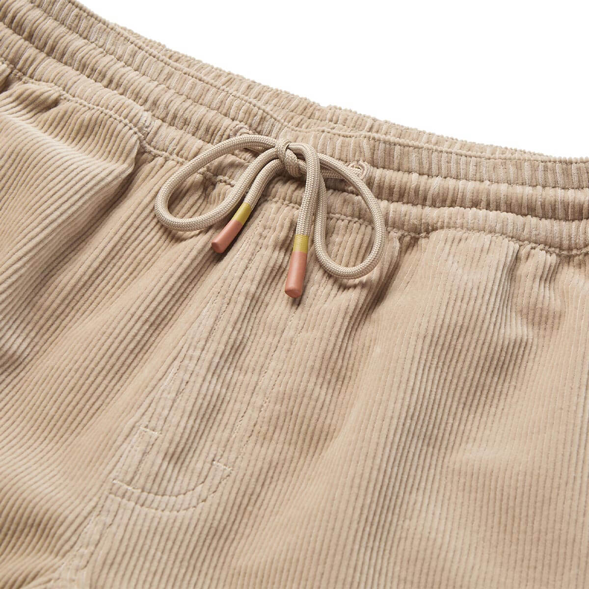 Close-up of Yuma Shorts Dark Olive Shorts showing Cream drawstring with rust and olive tipped aglets, vertical ribbed fabric