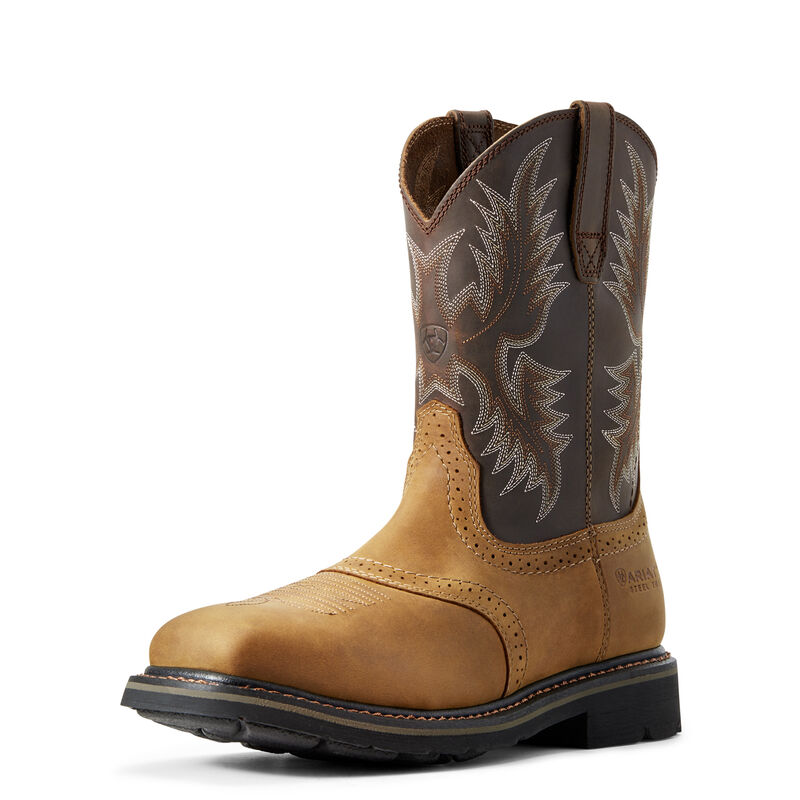 10010134 - Sierra Saddle Steel Aged Bark Boots front view, Tan leather foot with brown shaft, cream stitched wing pattern