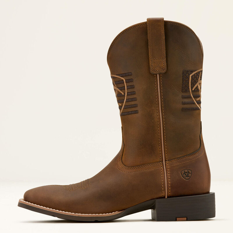 Back of 10010963- Sport Wide Square Toe Boots Distressed Brown Boots, Distressed brown leather with center seam, geometric