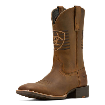 10010963- Sport Wide Square Toe Boots front view, Distressed brown leather with darker brown steering wheel and horizontal